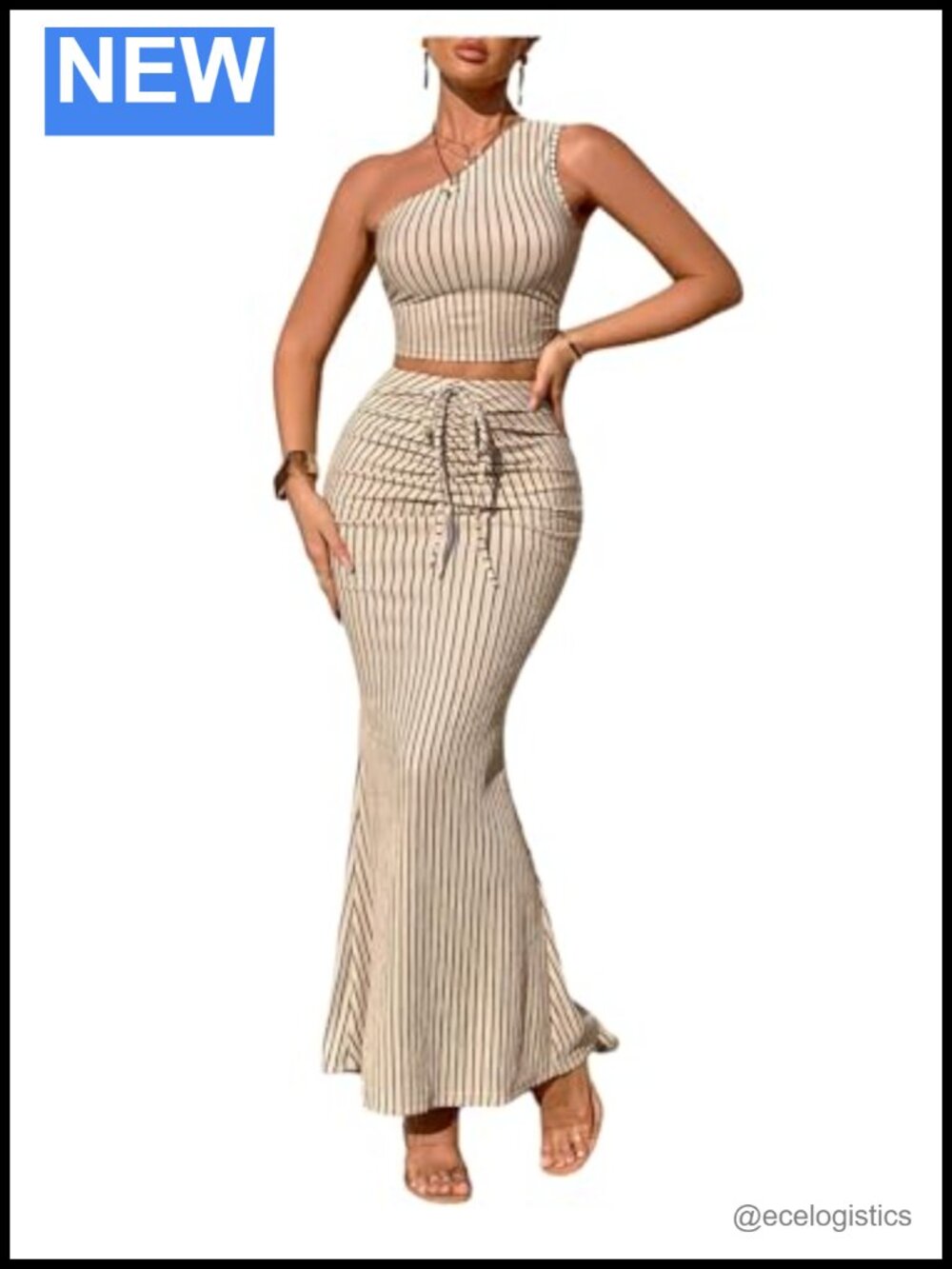 Soly Hux Women's 2 Piece Striped Ruched One Shoulder Crop Top & Maxi Skirt Set